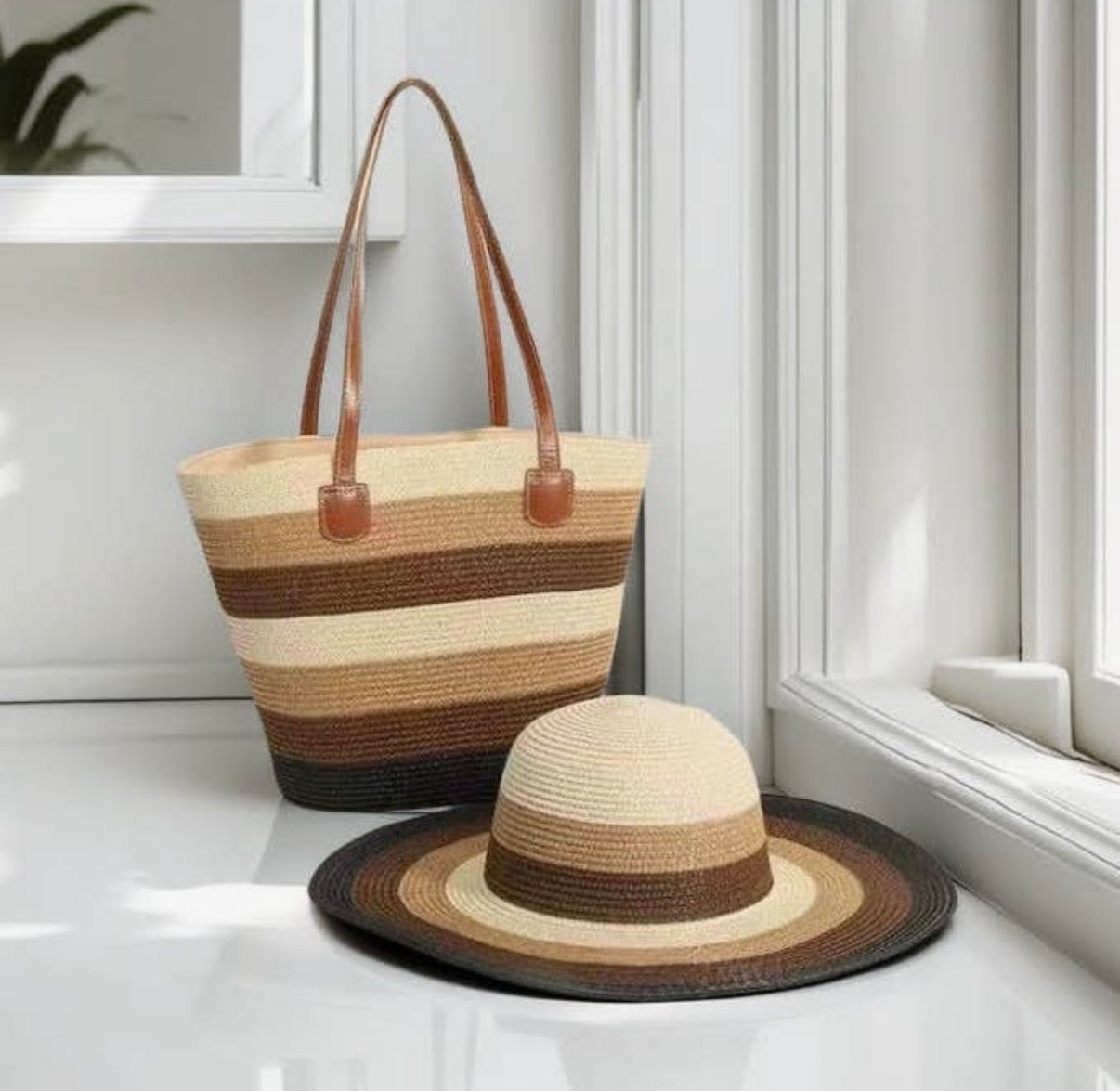 Striped Straw Bag and Sun Hat Set