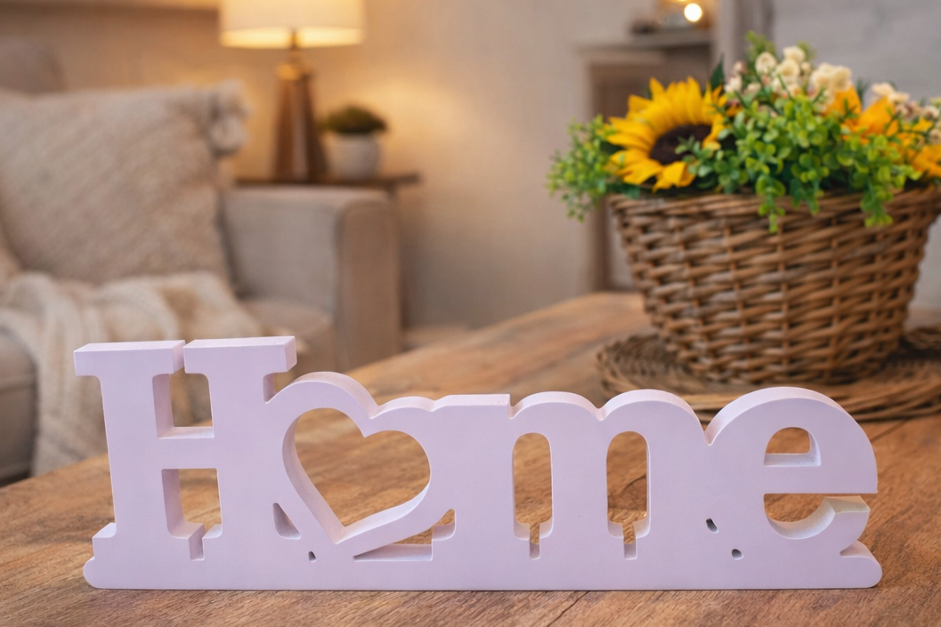 Cosy Lilac “Home” Sign with Heart Cut-Out