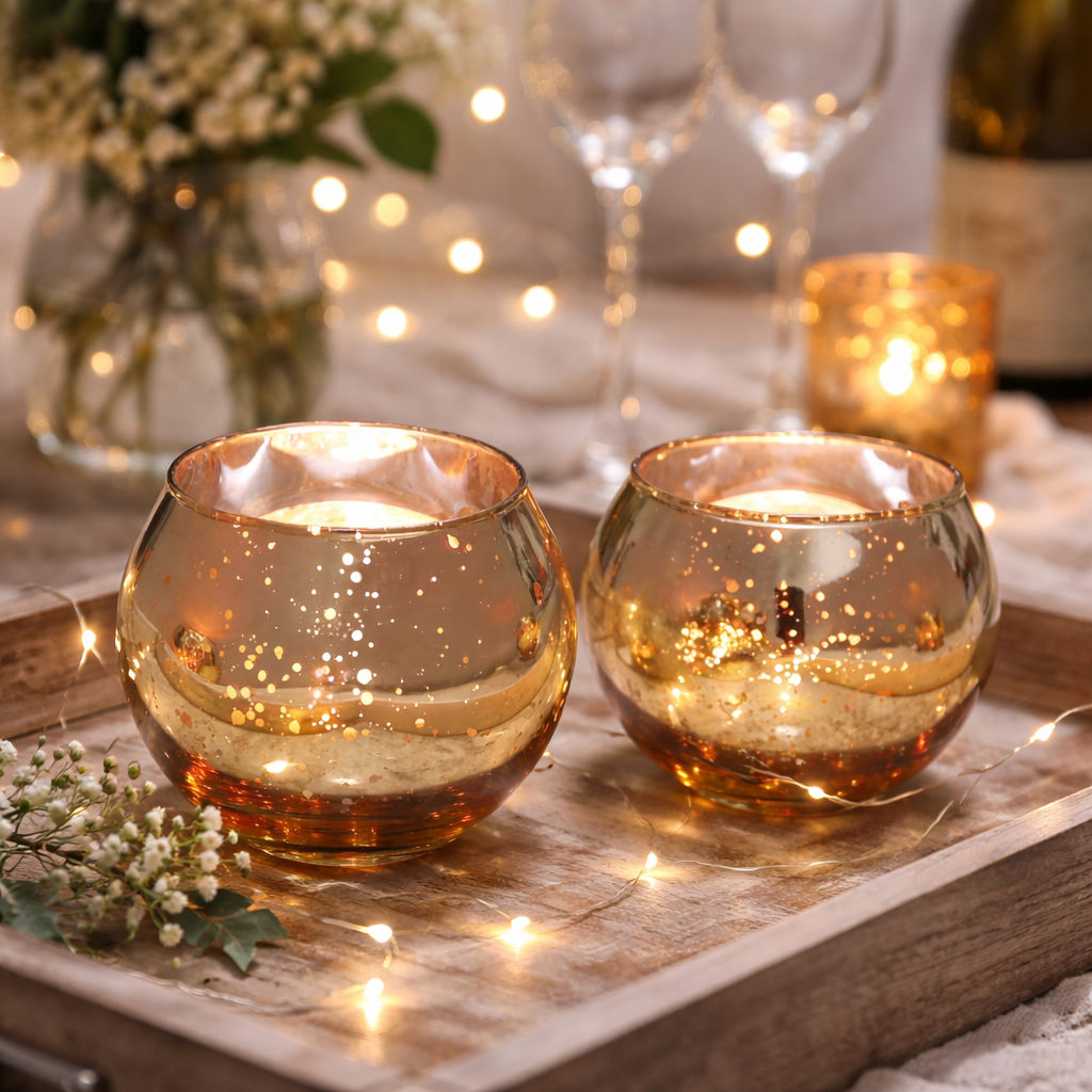 Set Of Two Golden Glow Speckled Tea Light Holder