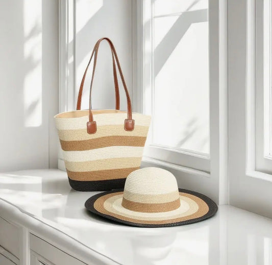 Striped Straw Bag and Sun Hat Set
