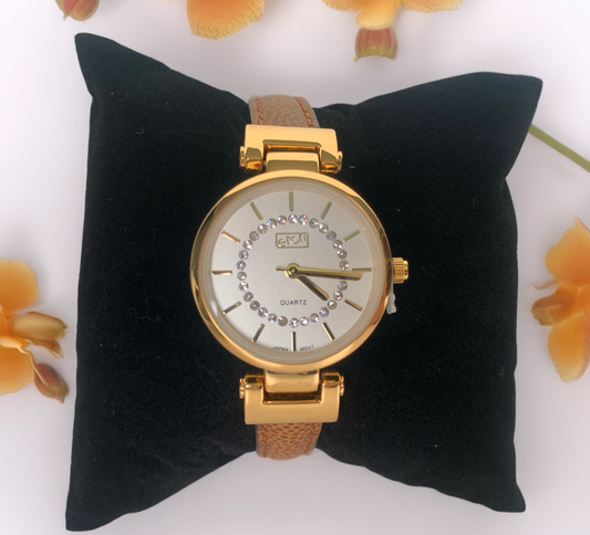 Gold-Tone Crystal Accent Watch with Tan Strap