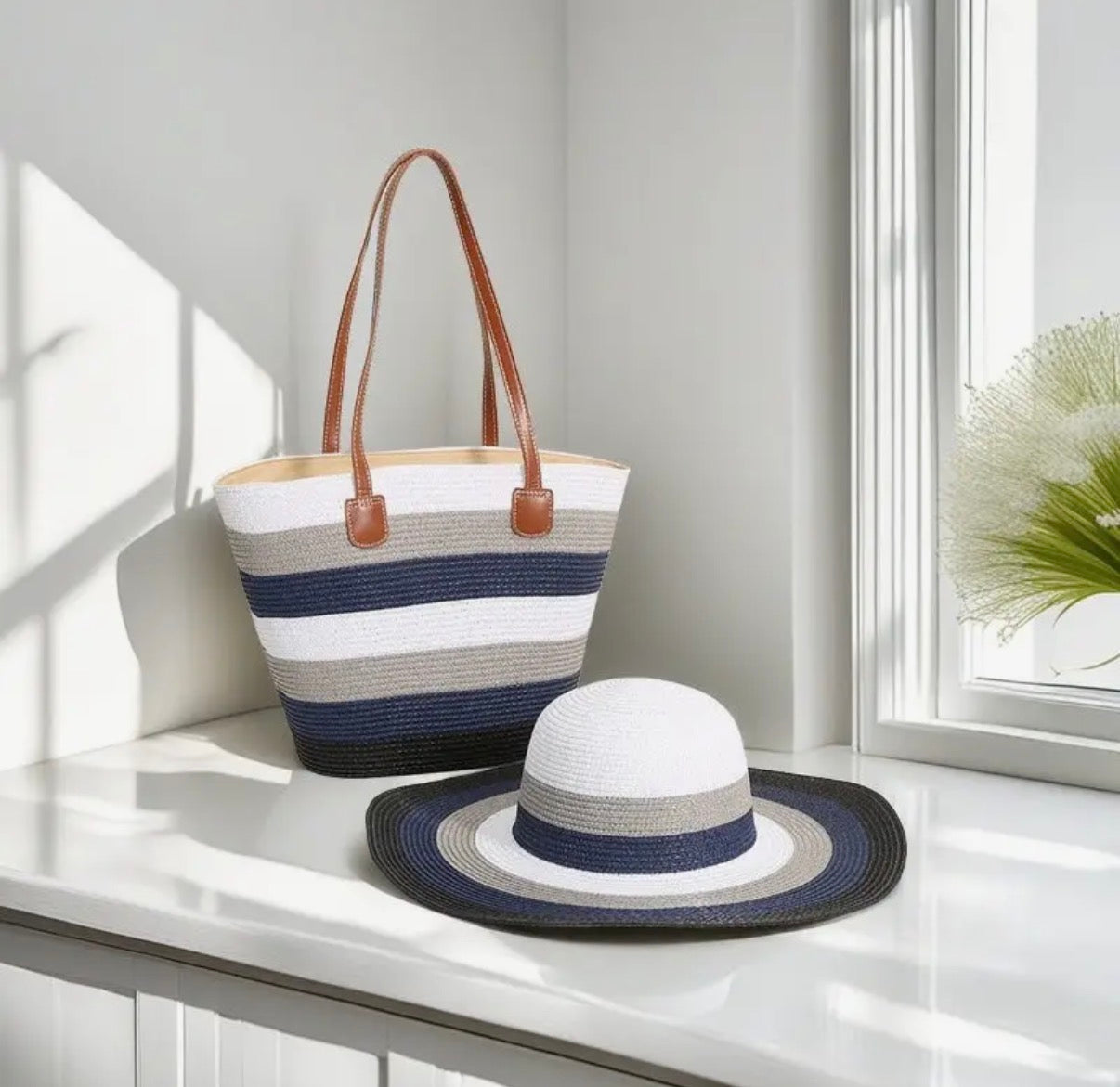 Striped Straw Bag and Sun Hat Set