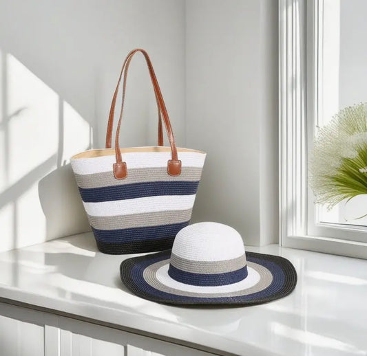 Striped Straw Bag and Sun Hat Set