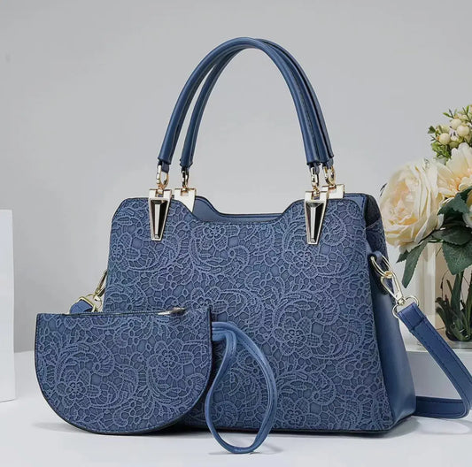 Lace-Embossed Handbag with Free Purse