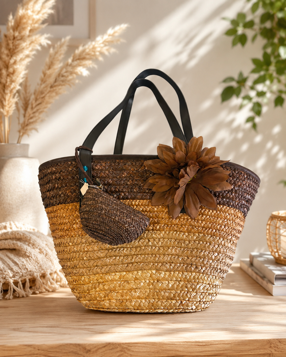 Summer Woven Tote Bag with Flower Detail with Coin Purse