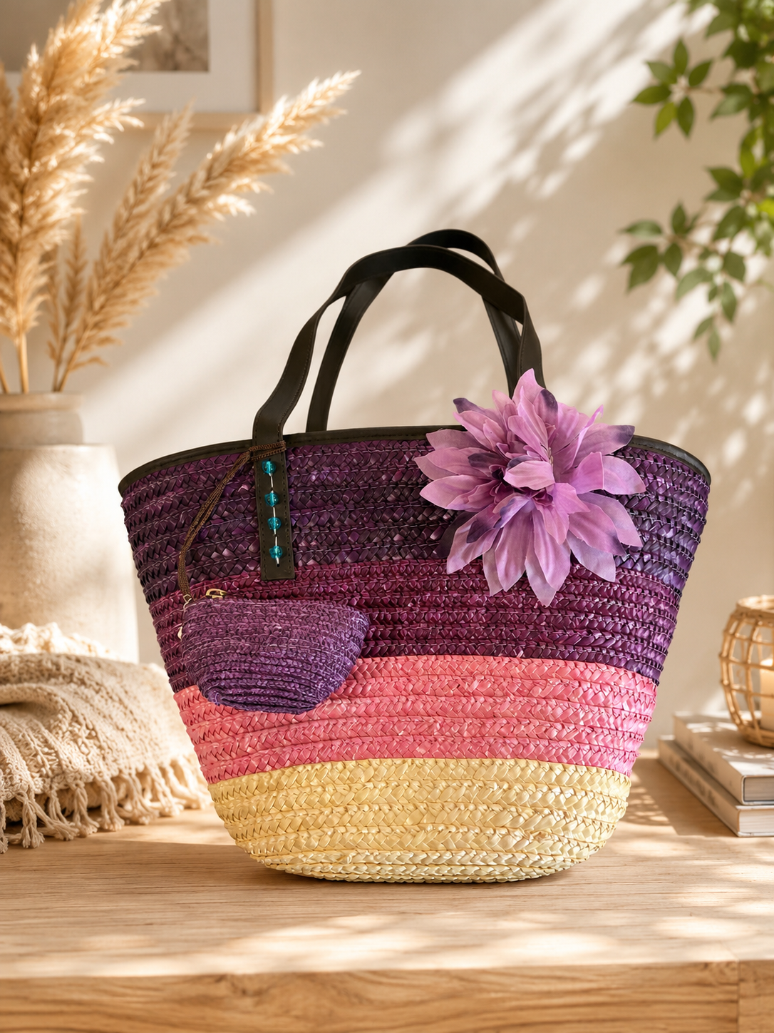 Summer Woven Tote Bag with Flower Detail and Coin Purse